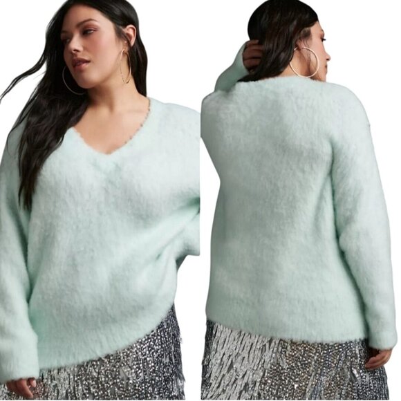 Anthropologie Maeve Plush V-neck Sweater Mint Green Fluffy Cozy Oversized Size S - Picture 4 of 10